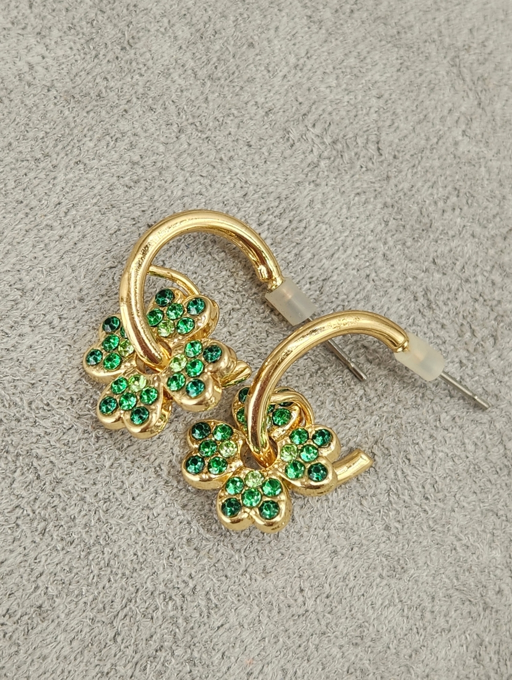 Hoop Earrings Lucky Four Leaf Clover Green Rhineston Golden Tone Fashion Jewelry